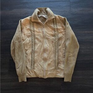 Vintage 60s 70s Montgomery Ward Cable Knit Leather Suede Sweater Jacket Coat
